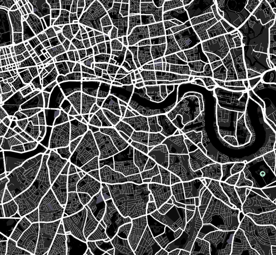 the complex urbanization of england by River Thames, using white to distinguish key areas of concentrated urban hotspots via roads