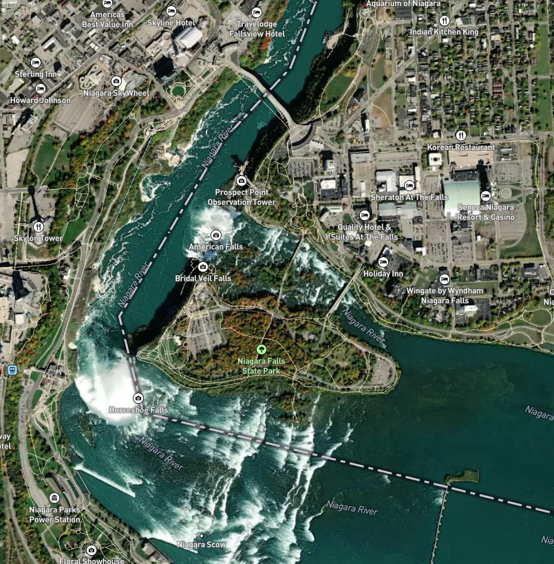 satellite style view of Niagara Falls - US side, explored terrain depth and details 