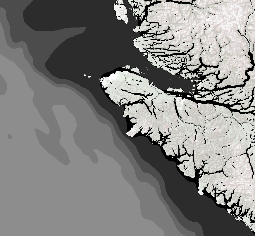 The topagraphic terrain of British Columbia, higlighting the land terrain versus the water channels and ocean depth