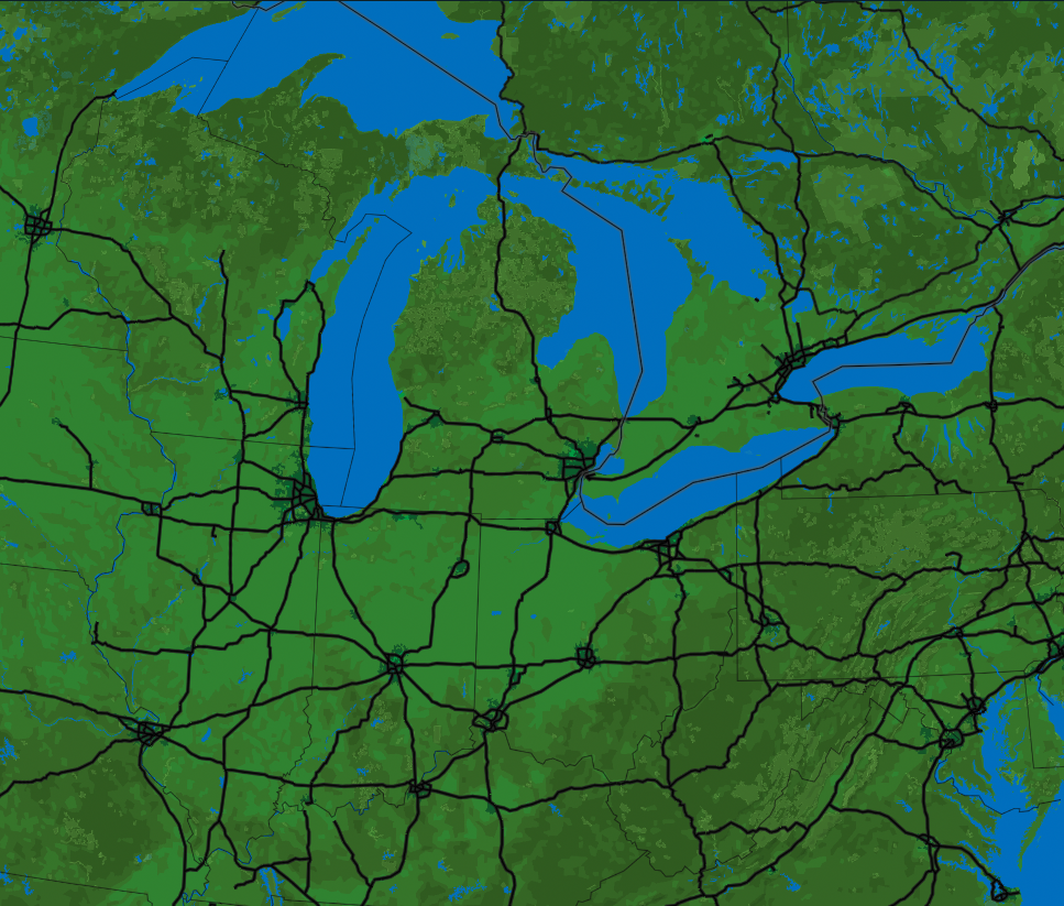 Overview of the natural earth surface and major road connections of commuting across regions (GTA, State of York, Great Lakes)